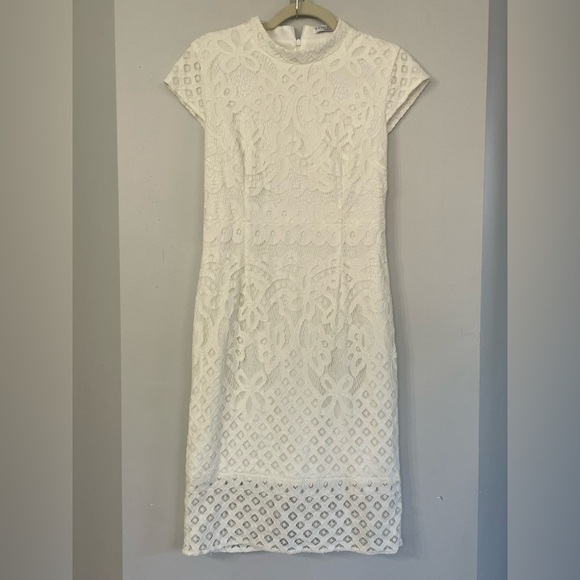 Baltic Born Dresses & Skirts - Baltic Born, Medium, funnel neck lined white lace overlay cap sleeve midi dress